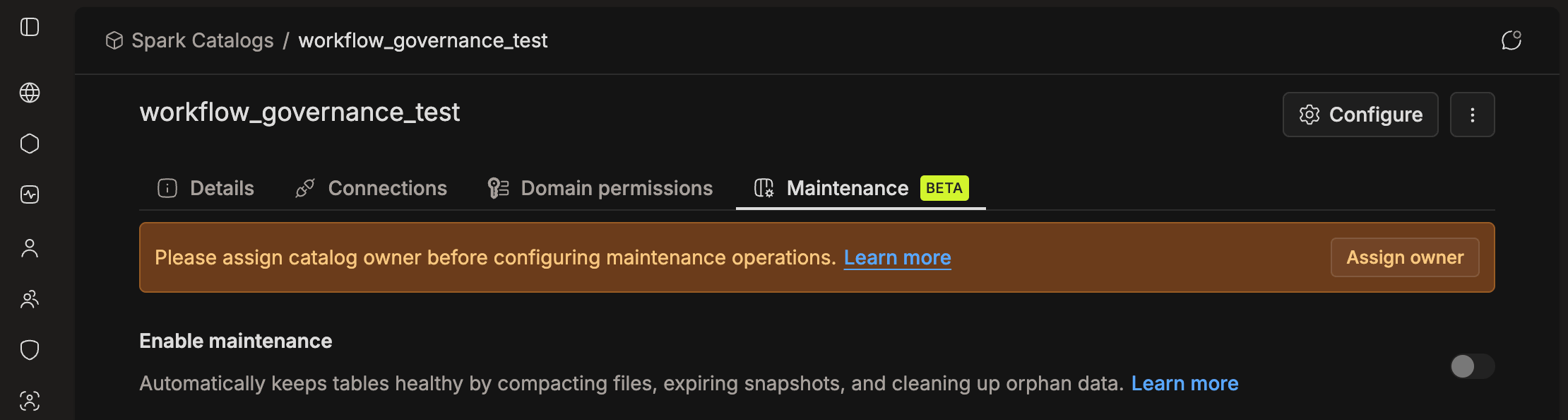 Catalog Maintenance tab showing the banner asking to assign a catalog owner, with an Assign owner button | IOMETE