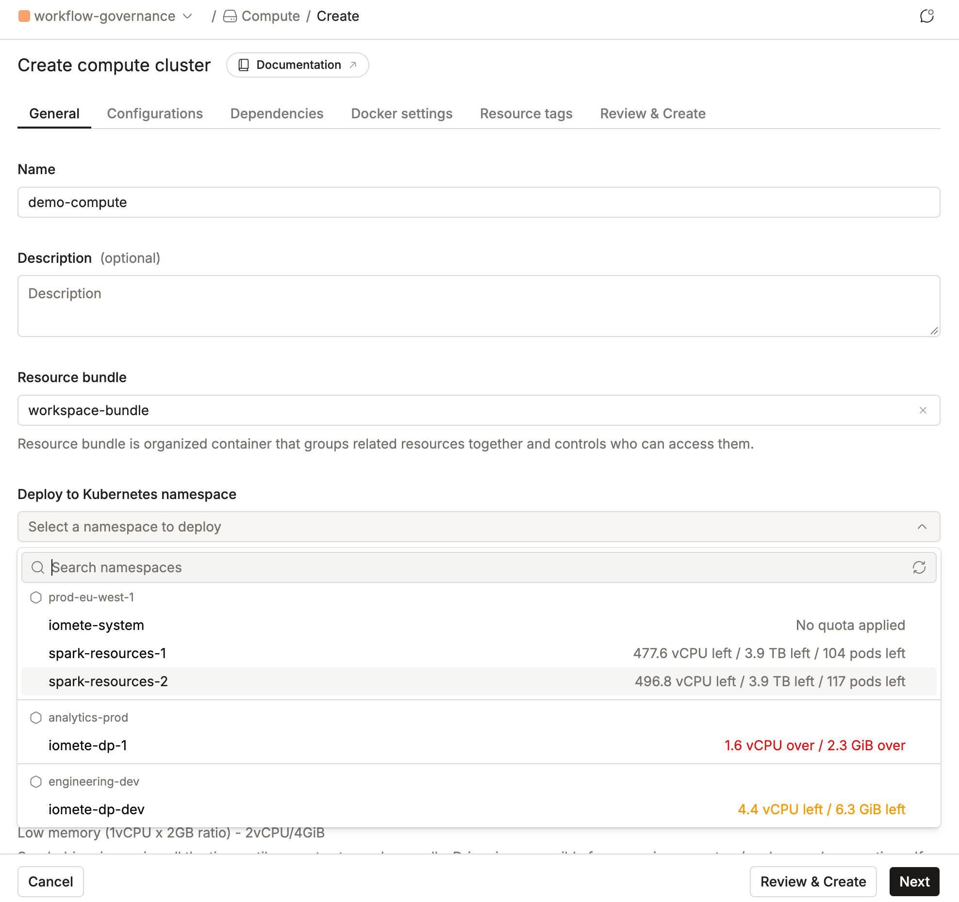 Namespace dropdown grouped by data plane, showing remaining or exceeded quota next to each namespace | IOMETE