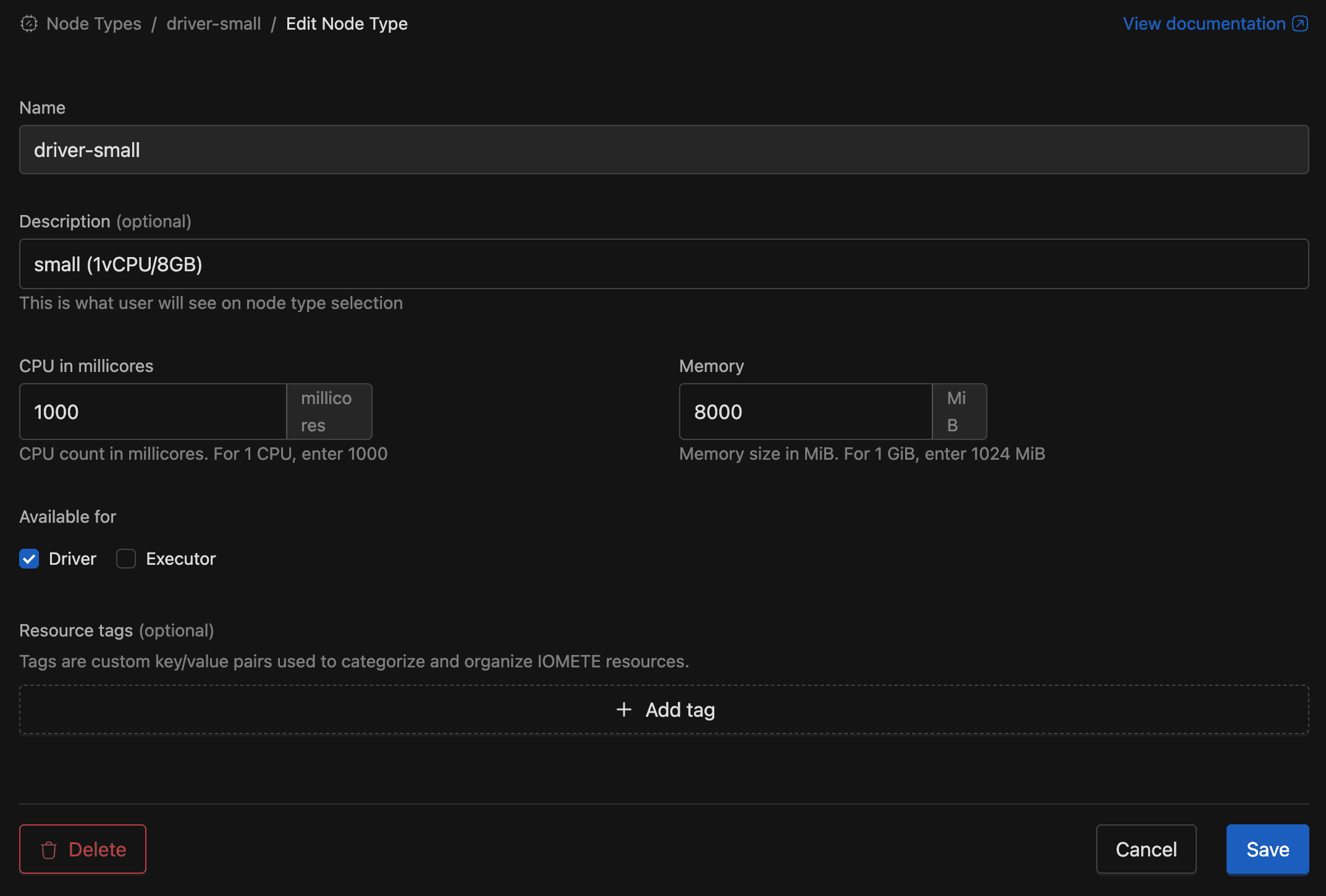 Edit Node Type form | IOMETE