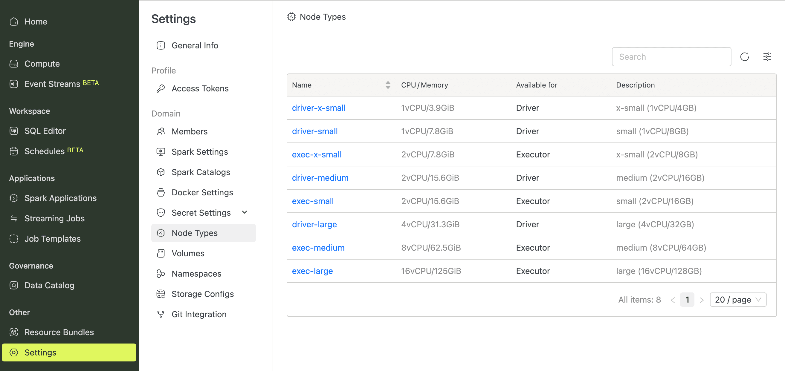 Node Types in Workspace Settings | IOMETE