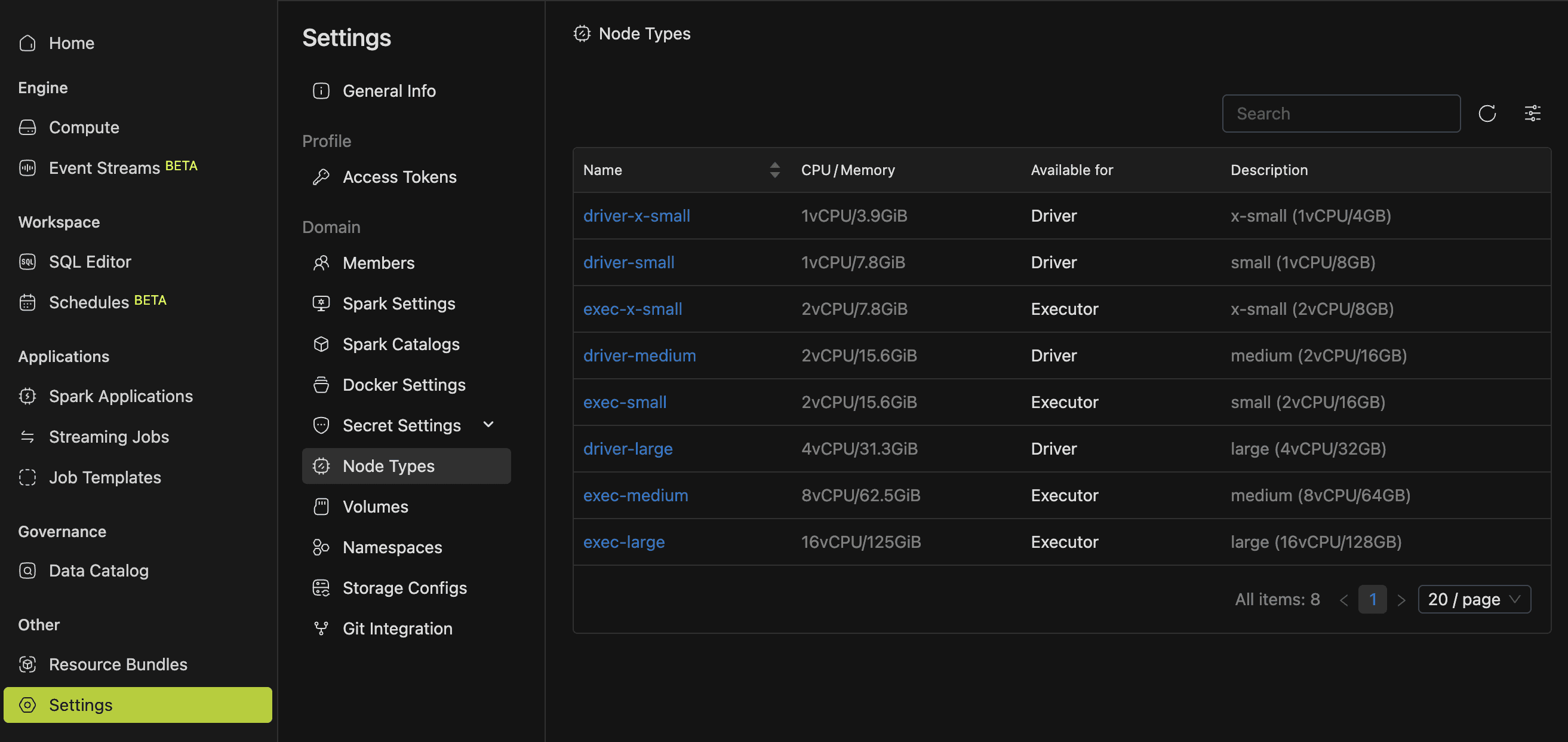 Node Types in Workspace Settings | IOMETE