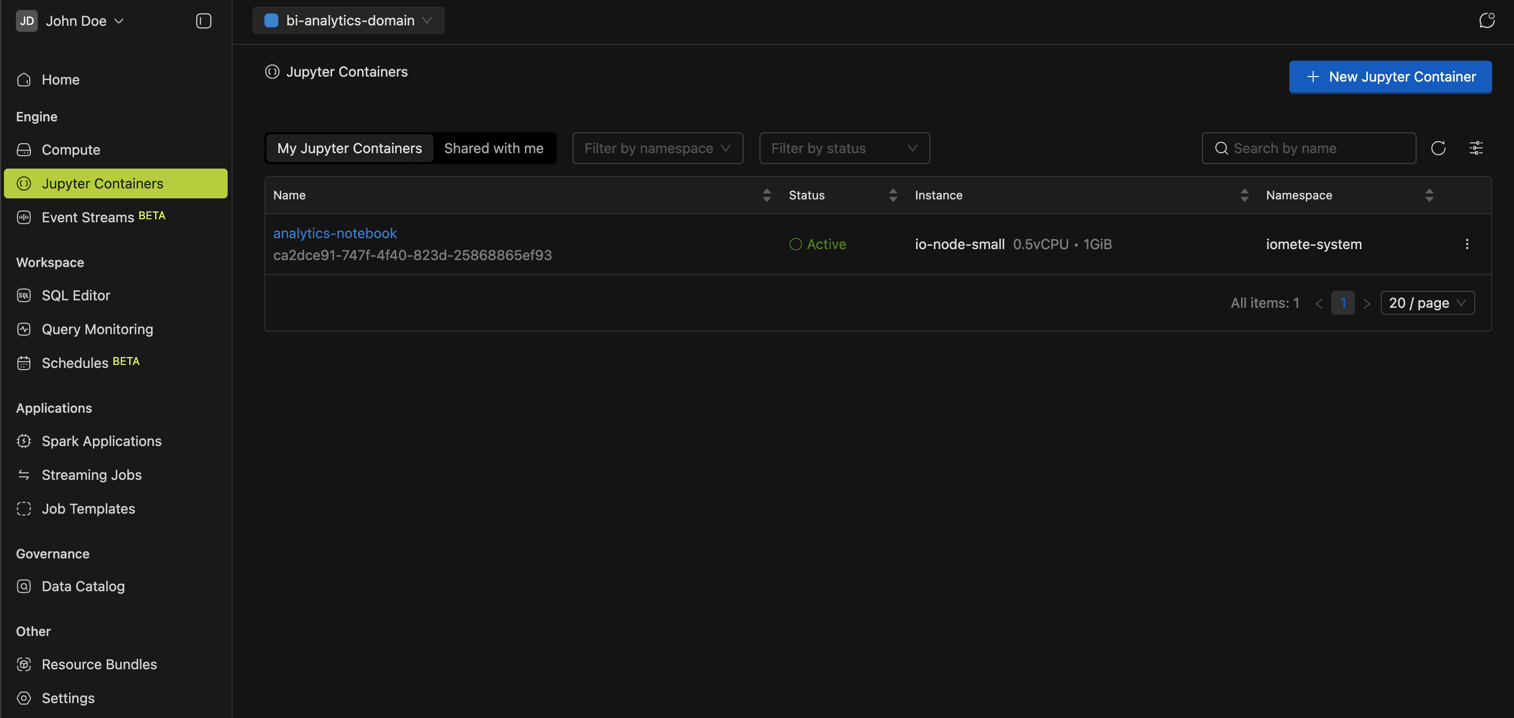 Jupyter Containers page | IOMETE