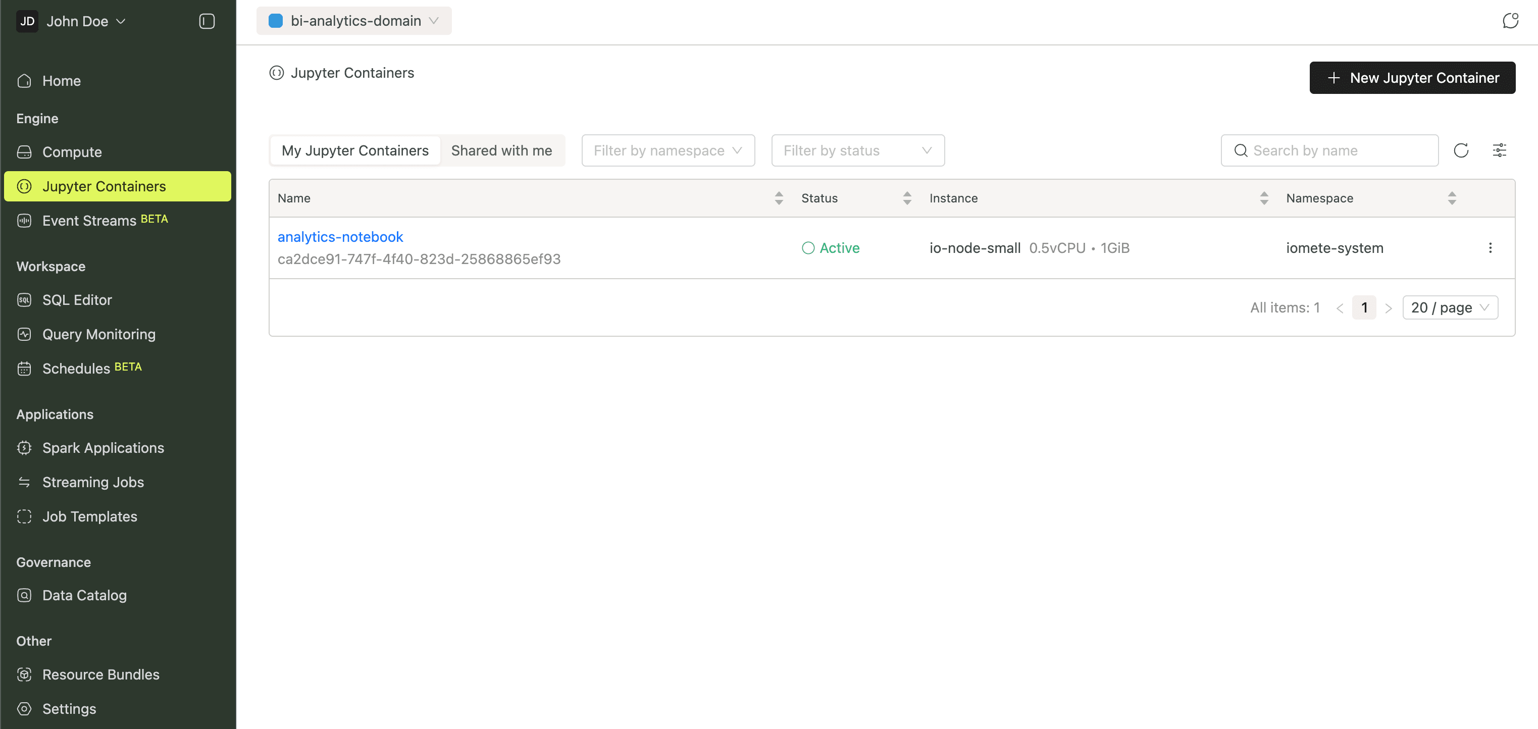 Jupyter Containers page | IOMETE