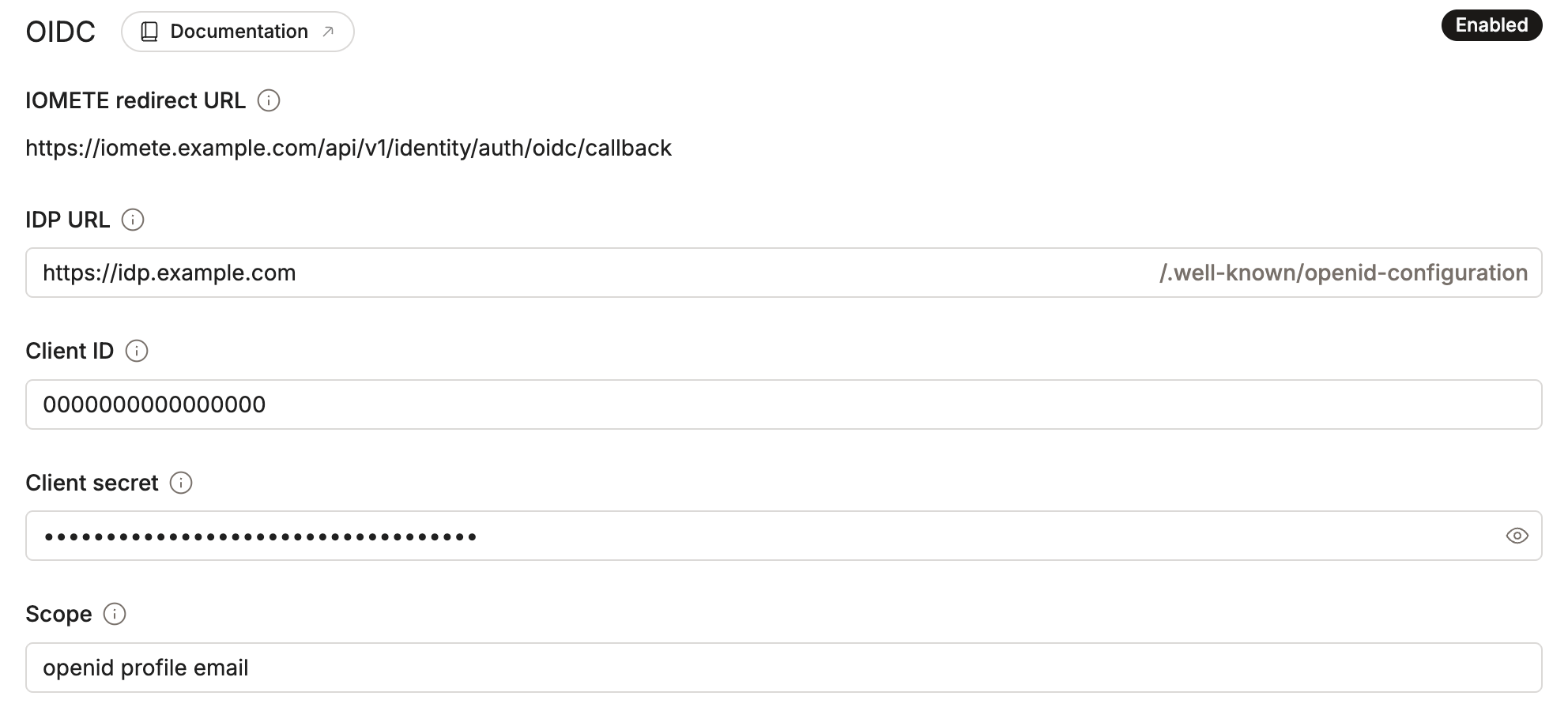 OIDC page with the redirect URL, IDP URL, client ID, client secret, and scope fields | IOMETE