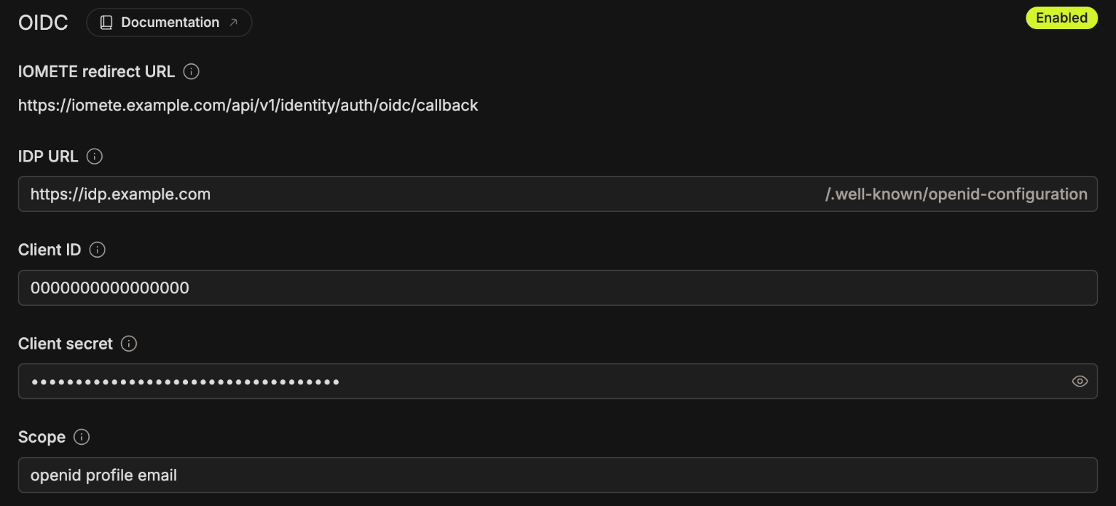 OIDC page with the redirect URL, IDP URL, client ID, client secret, and scope fields | IOMETE