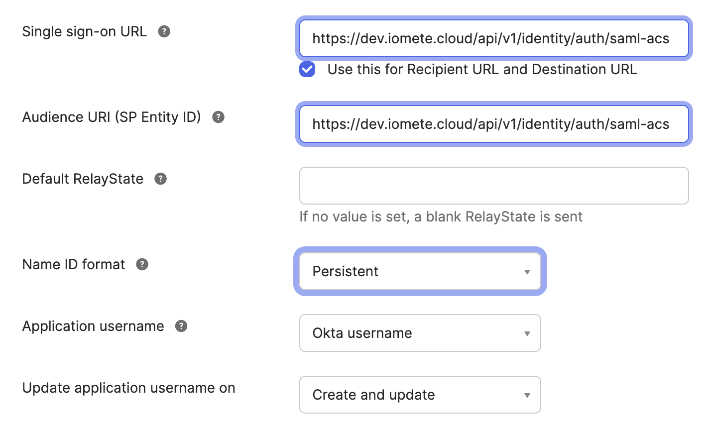 SAML configuration settings in Okta | IOMETE