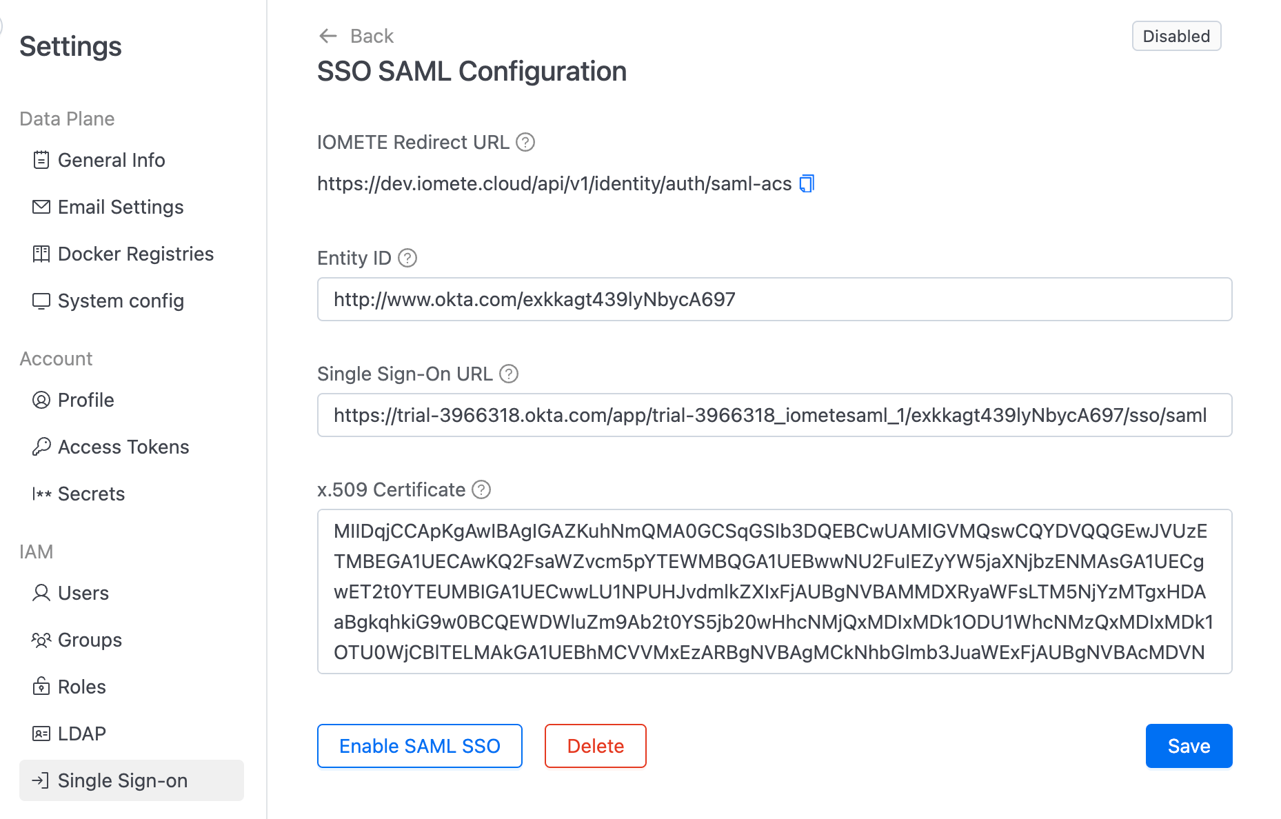 Filling in SAML details in IOMETE | IOMETE