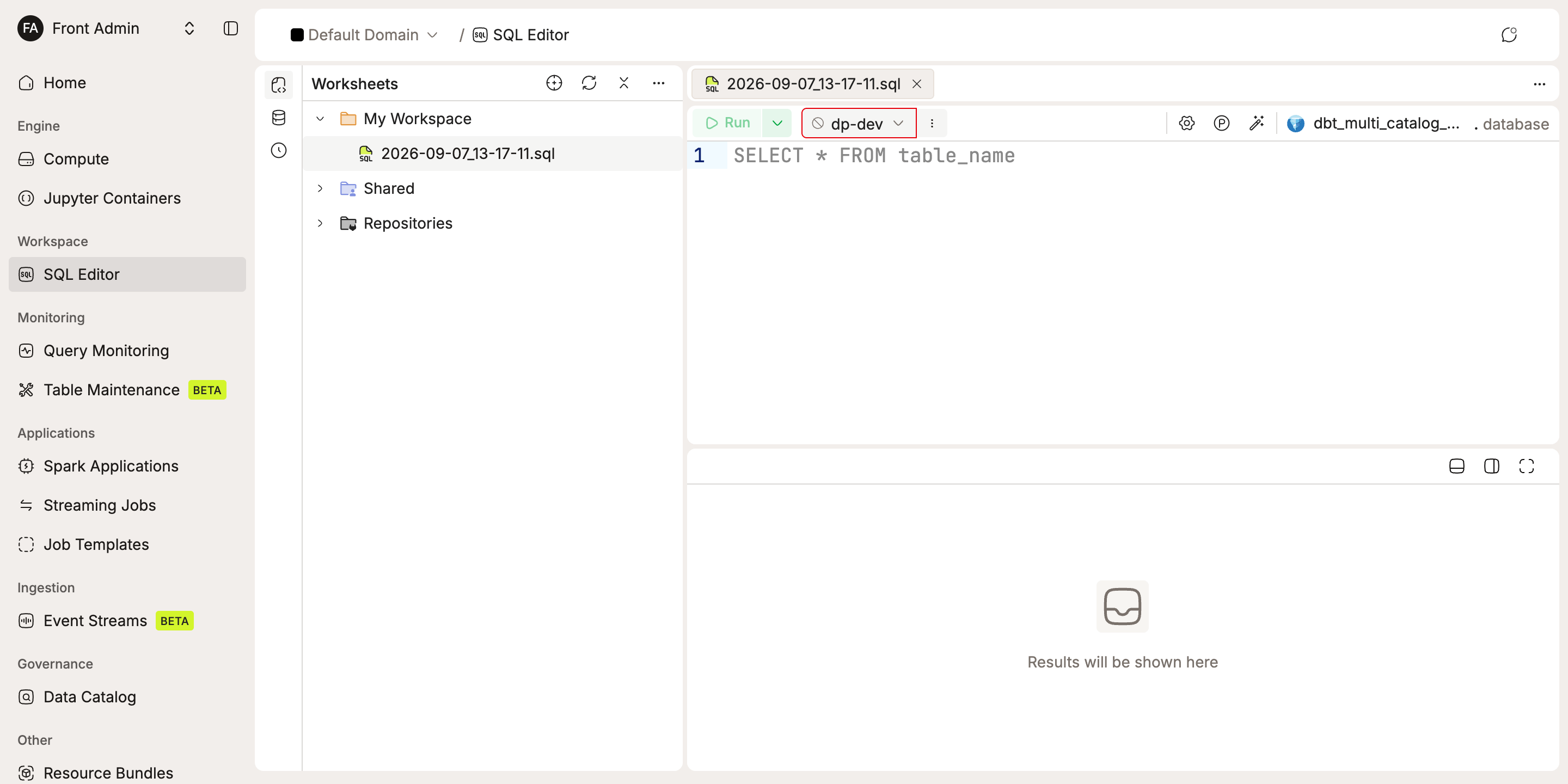 SQL Editor layout with sidebar workspace tree, open worksheet tab, code editor, and results panel | IOMETE
