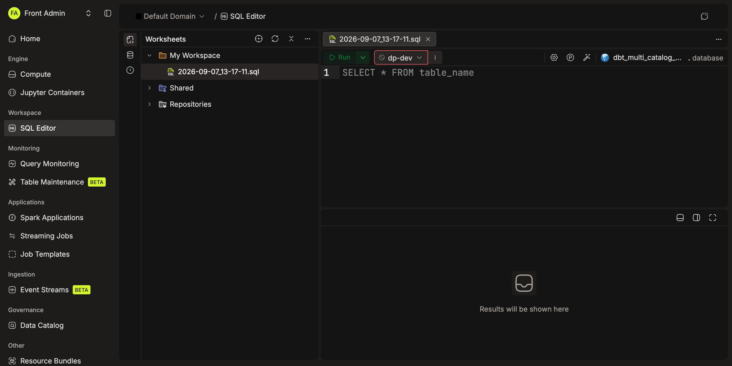 SQL Editor layout with sidebar workspace tree, open worksheet tab, code editor, and results panel | IOMETE