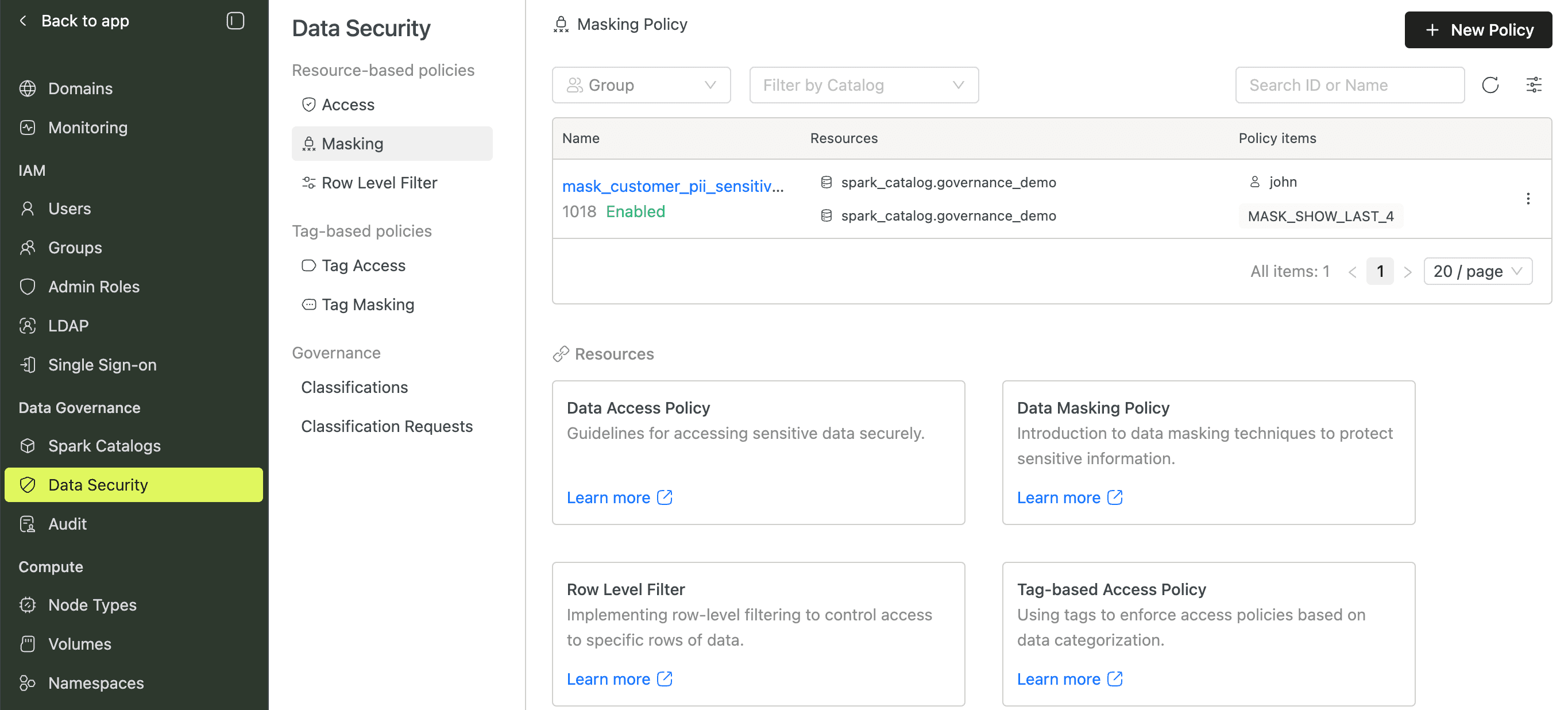 Data masking policy list page | IOMETE