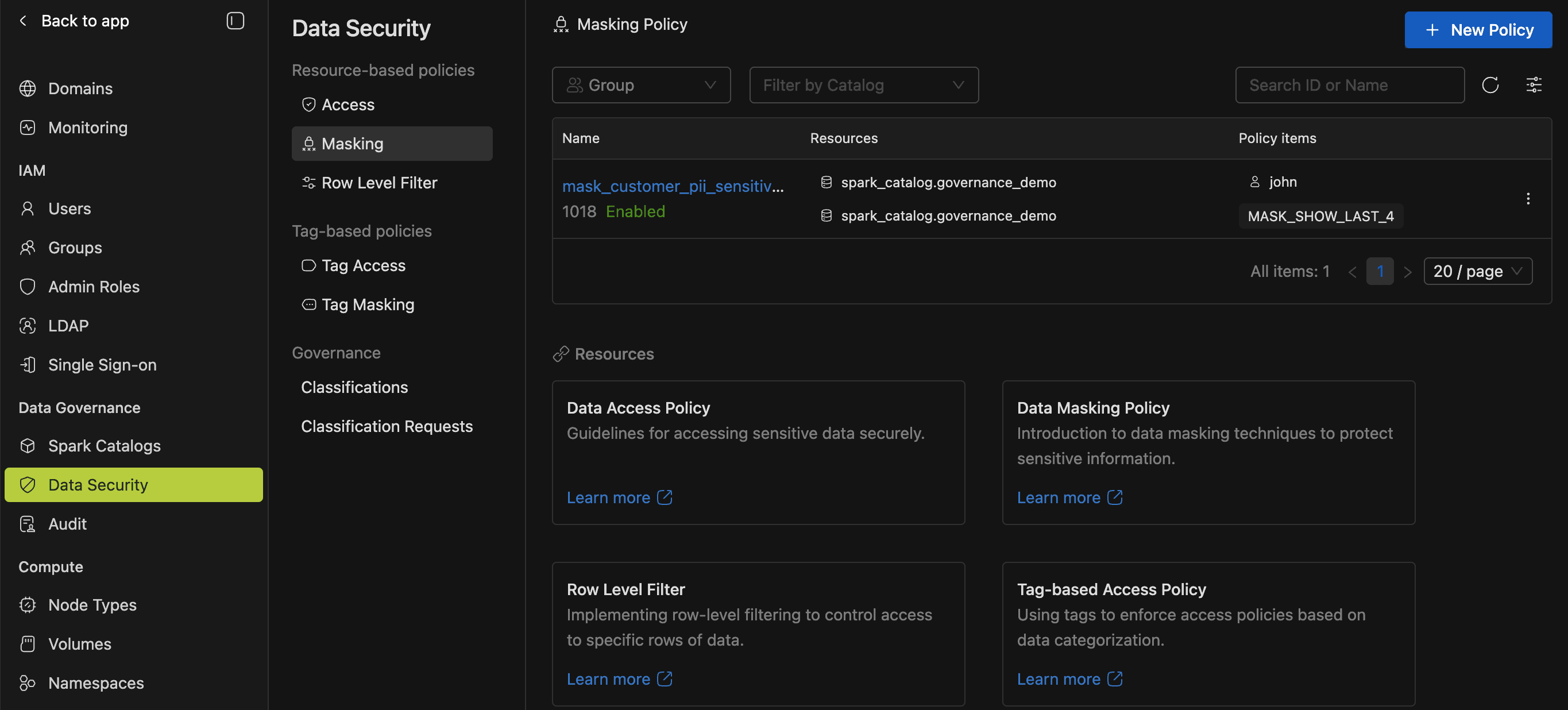Data masking policy list page | IOMETE