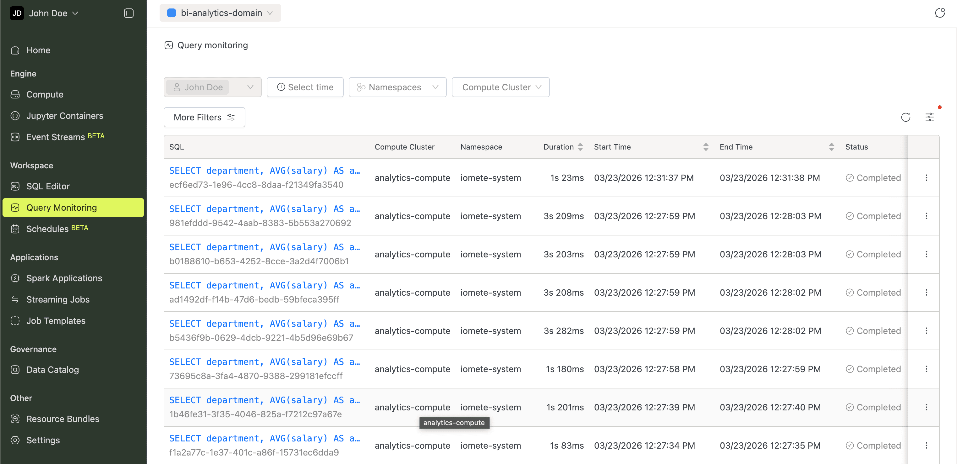 Query Monitoring page | IOMETE