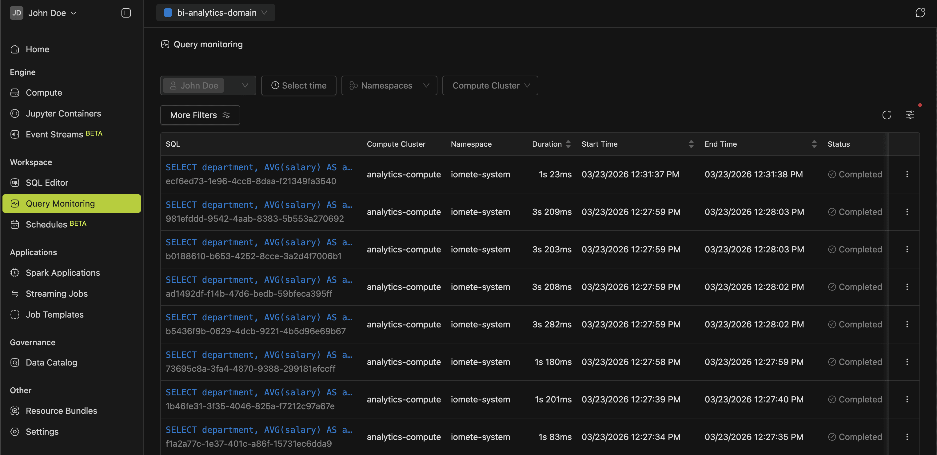 Query Monitoring page | IOMETE