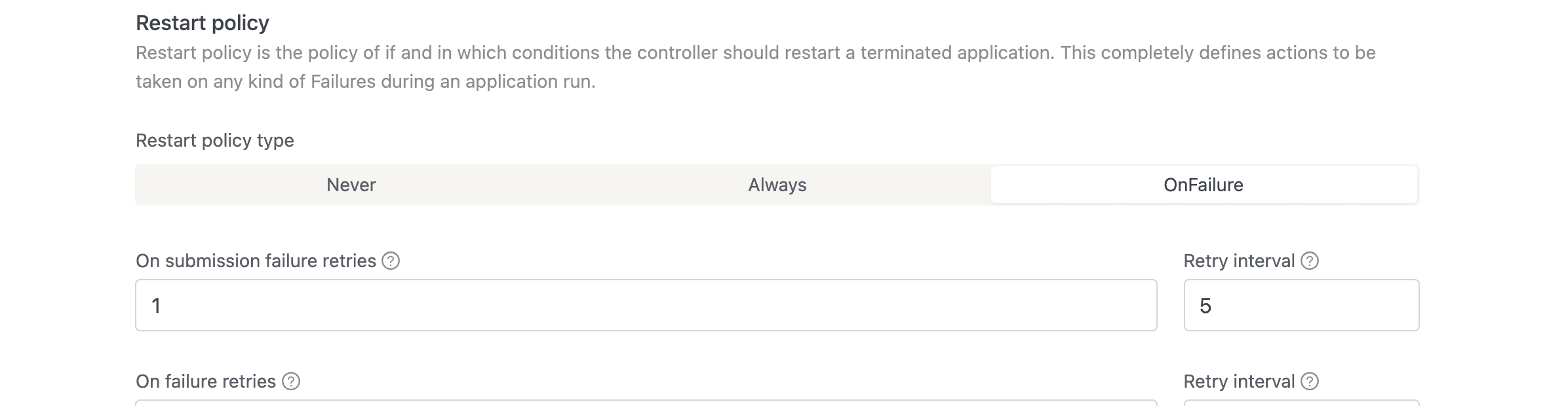 Restart policy with OnFailure selected, showing submission failure retries, retry interval, on failure retries, and retry interval fields | IOMETE