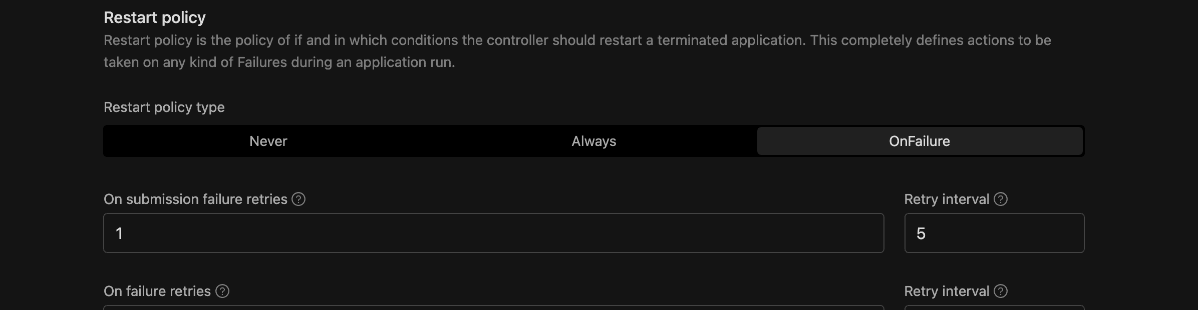 Restart policy with OnFailure selected, showing submission failure retries, retry interval, on failure retries, and retry interval fields | IOMETE