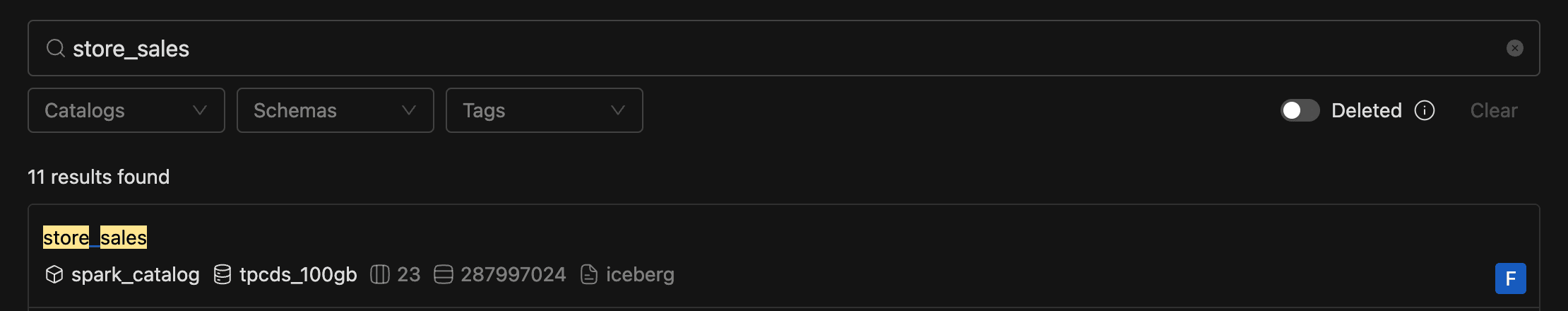 Search result card showing table name, catalog, schema, columns, rows, provider, tags, and owners | IOMETE
