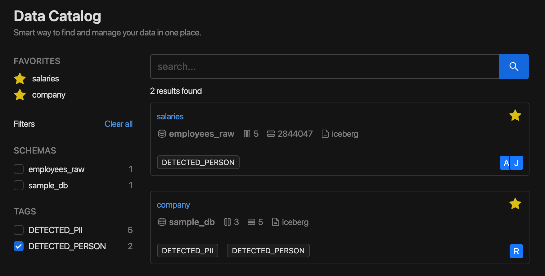 Data catalog filter result | IOMETE