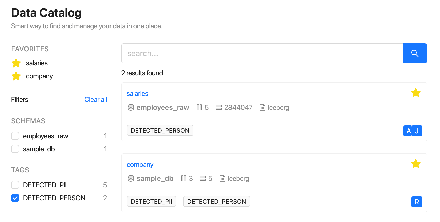 Data catalog filter result | IOMETE