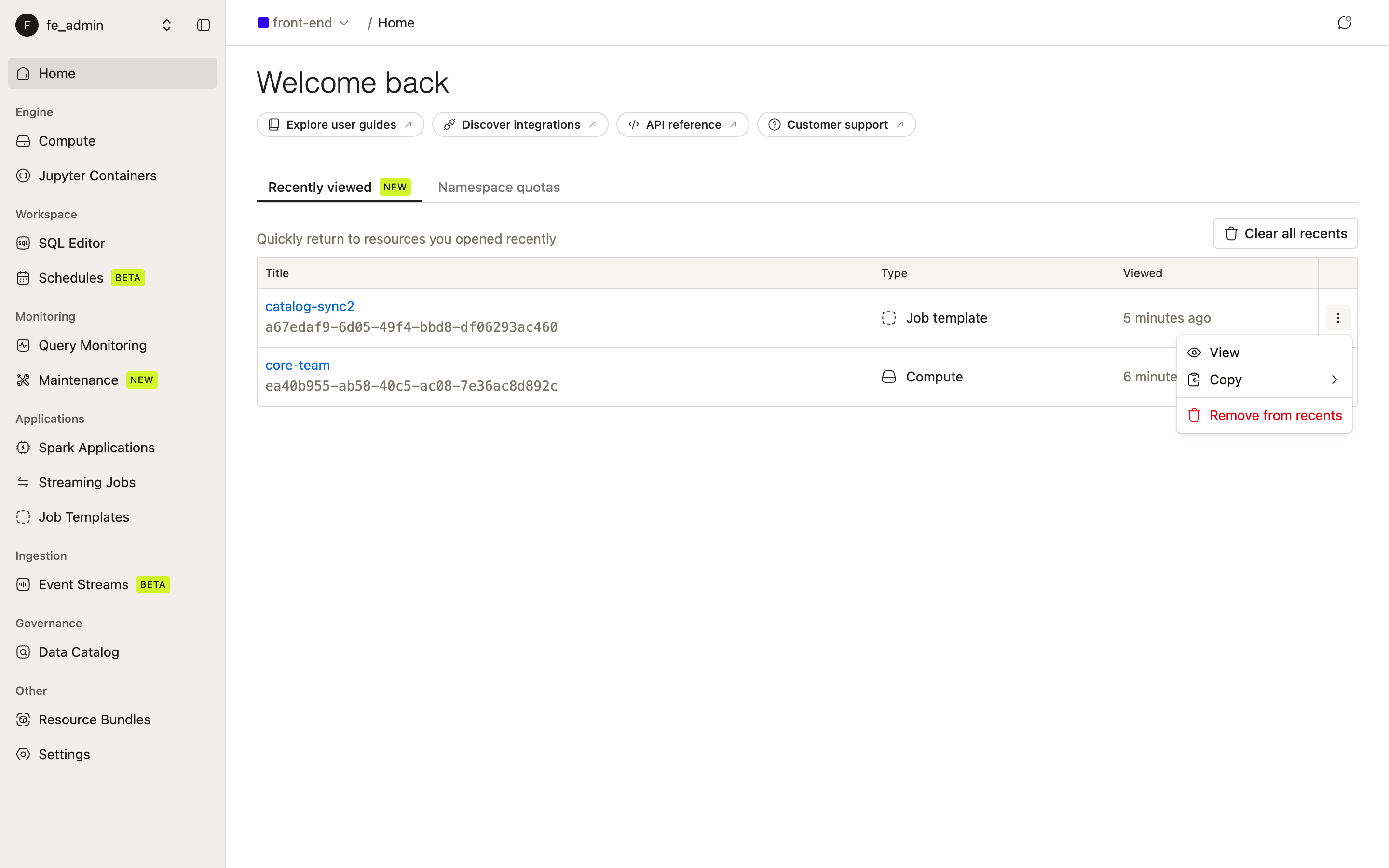 Recently Viewed row actions menu showing View, Copy, and Remove from recents | IOMETE