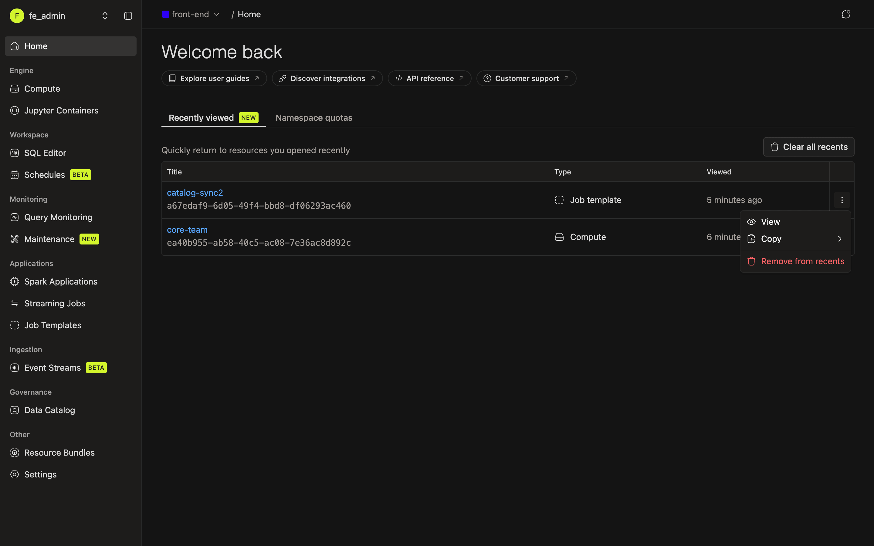 Recently Viewed row actions menu showing View, Copy, and Remove from recents | IOMETE