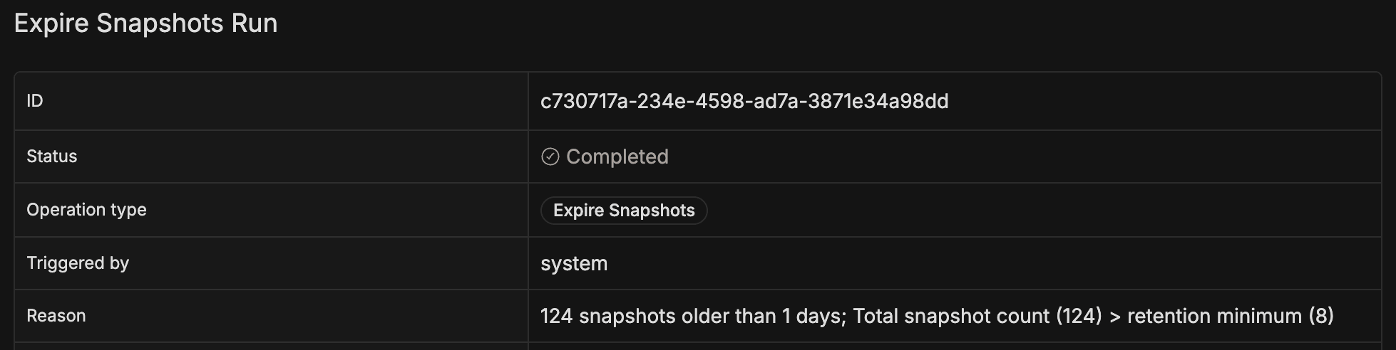 Run detail page for a completed system-triggered run showing the Reason field with the threshold condition that scheduled it | IOMETE