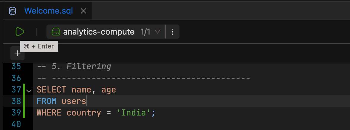 Code editor with a selected SQL statement and Cmd+Enter shortcut tooltip | IOMETE