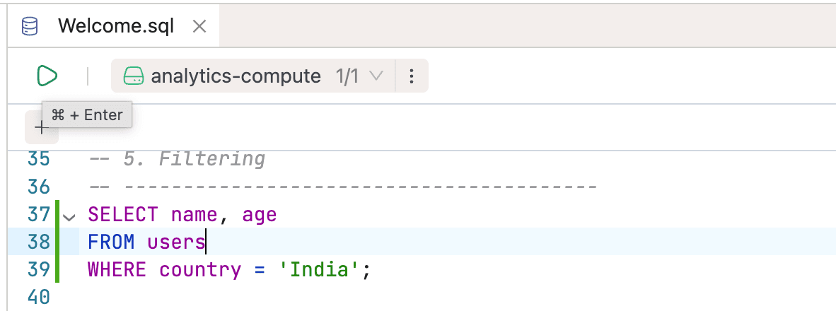 Code editor with a selected SQL statement and Cmd+Enter shortcut tooltip | IOMETE