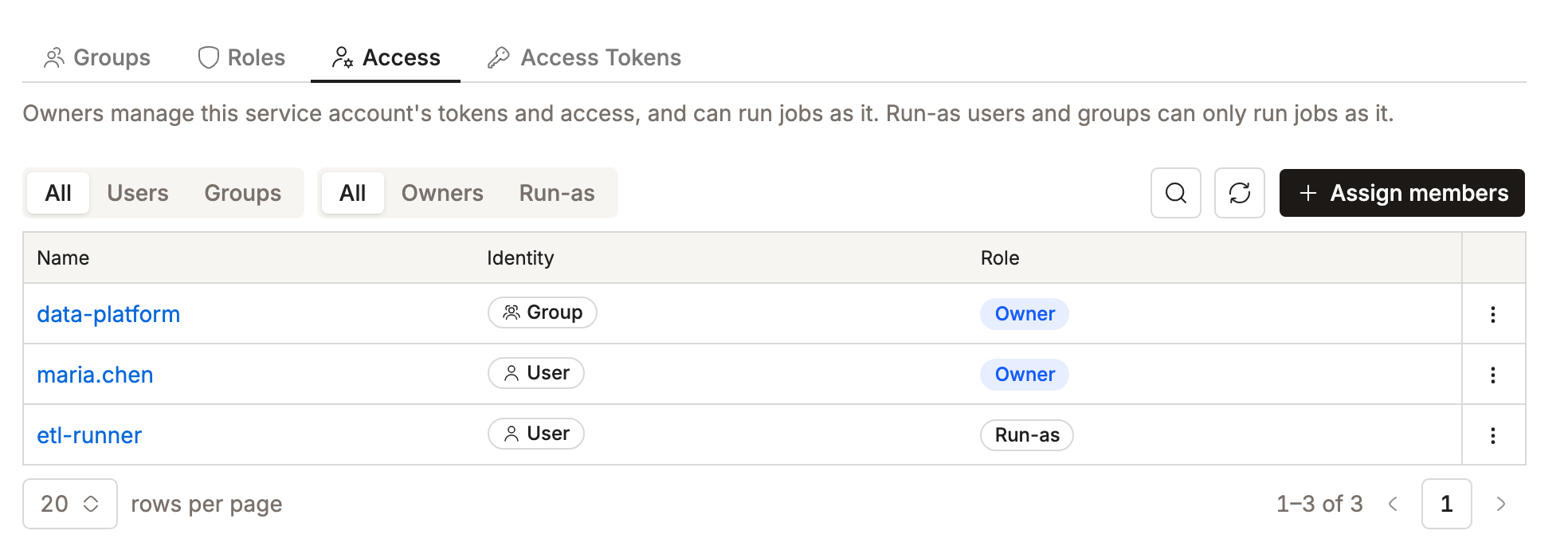 Access tab on a service account showing a group owner, a user owner, and a run-as user | IOMETE