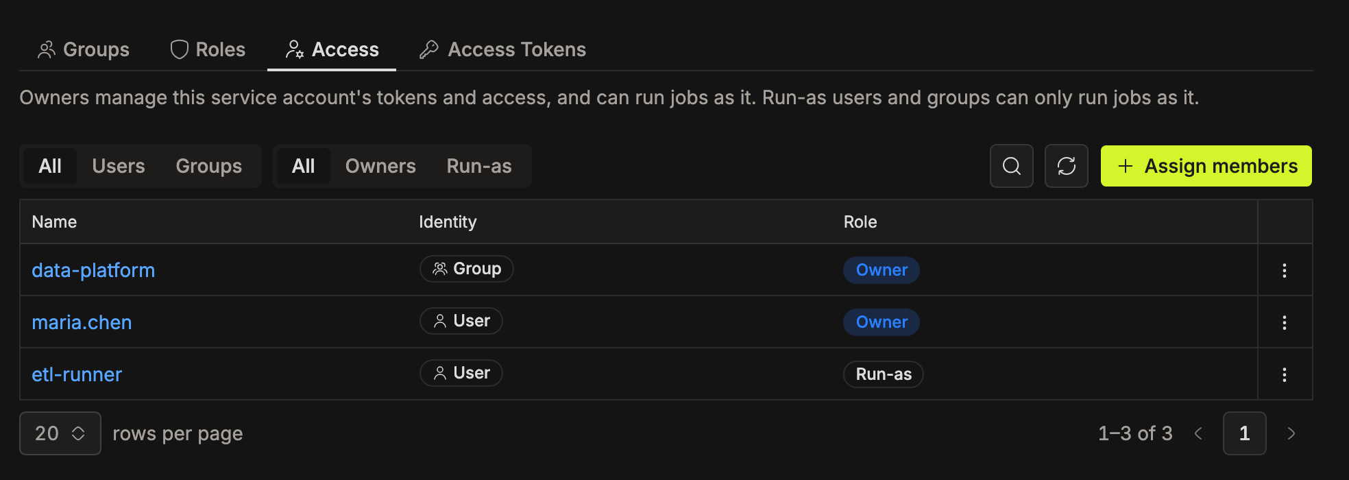 Access tab on a service account showing a group owner, a user owner, and a run-as user | IOMETE