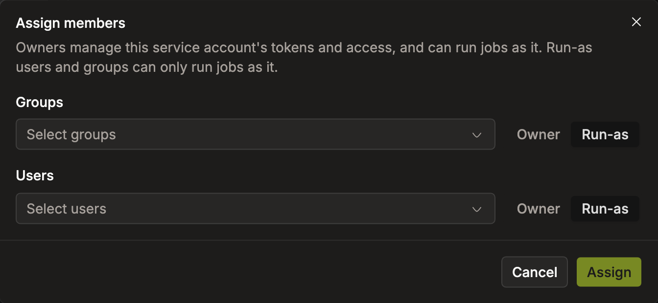 Assign members dialog with group and user pickers, each with an Owner or Run-as toggle | IOMETE