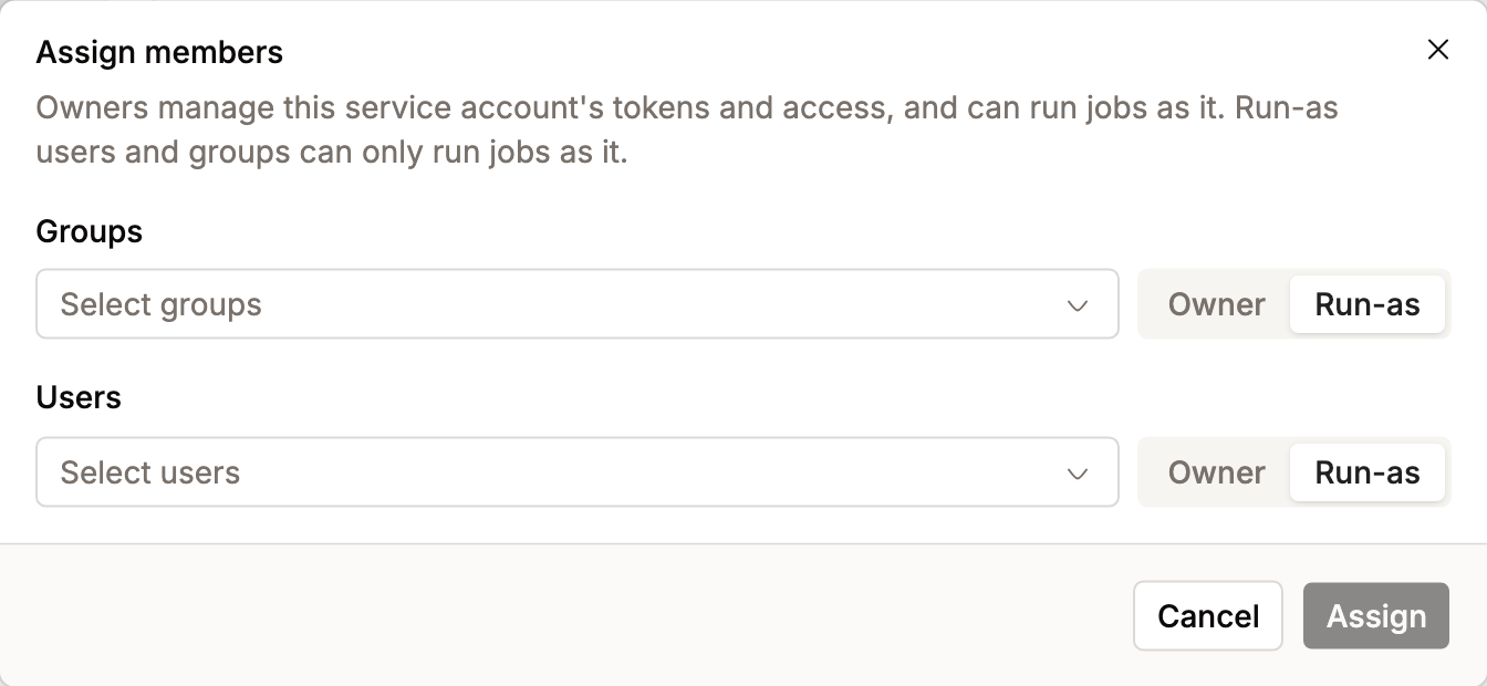 Assign members dialog with group and user pickers, each with an Owner or Run-as toggle | IOMETE