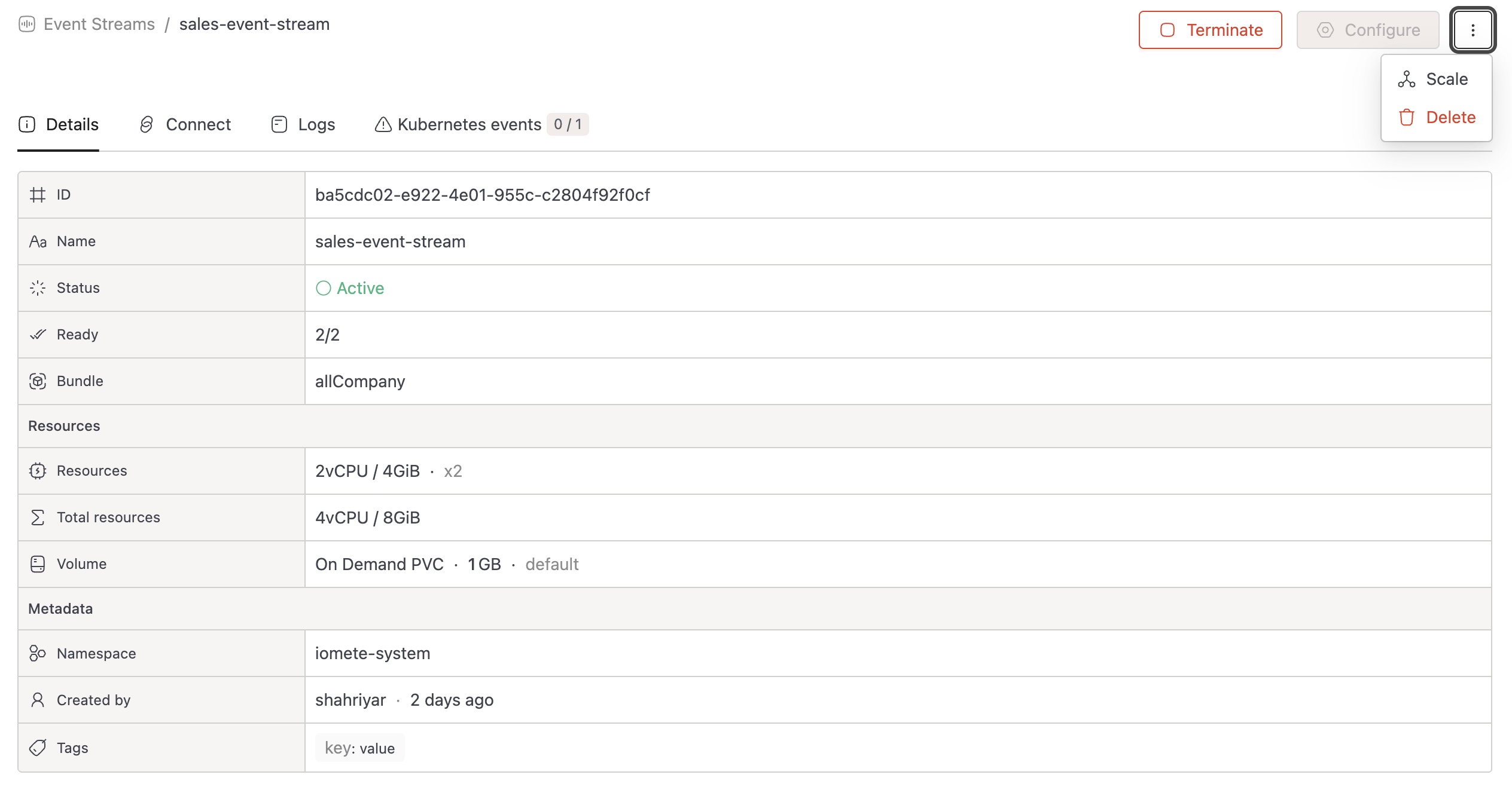 Scale and delete options | IOMETE
