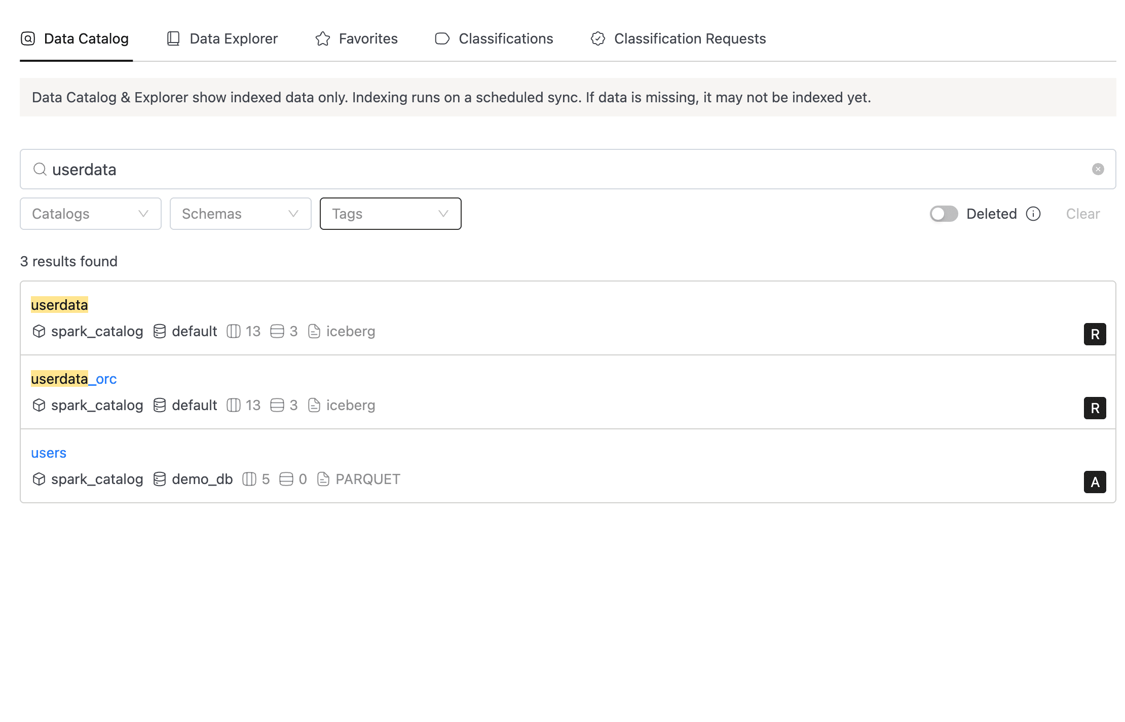 Data Catalog search tab with search box, filter dropdowns, and result cards | IOMETE