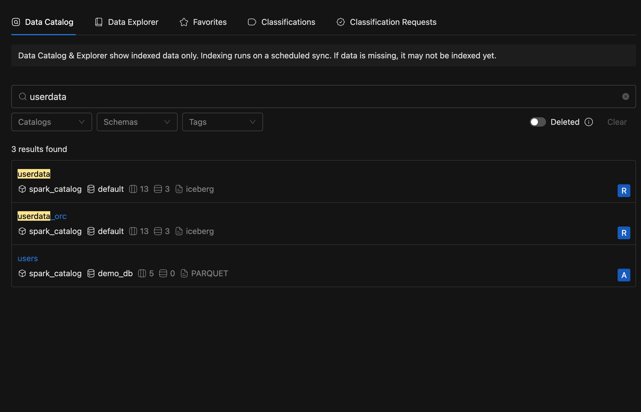 Data Catalog search tab with search box, filter dropdowns, and result cards | IOMETE