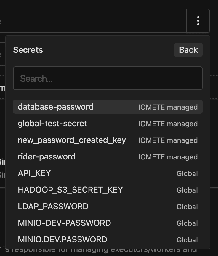 Use existing secret dropdown | IOMETE