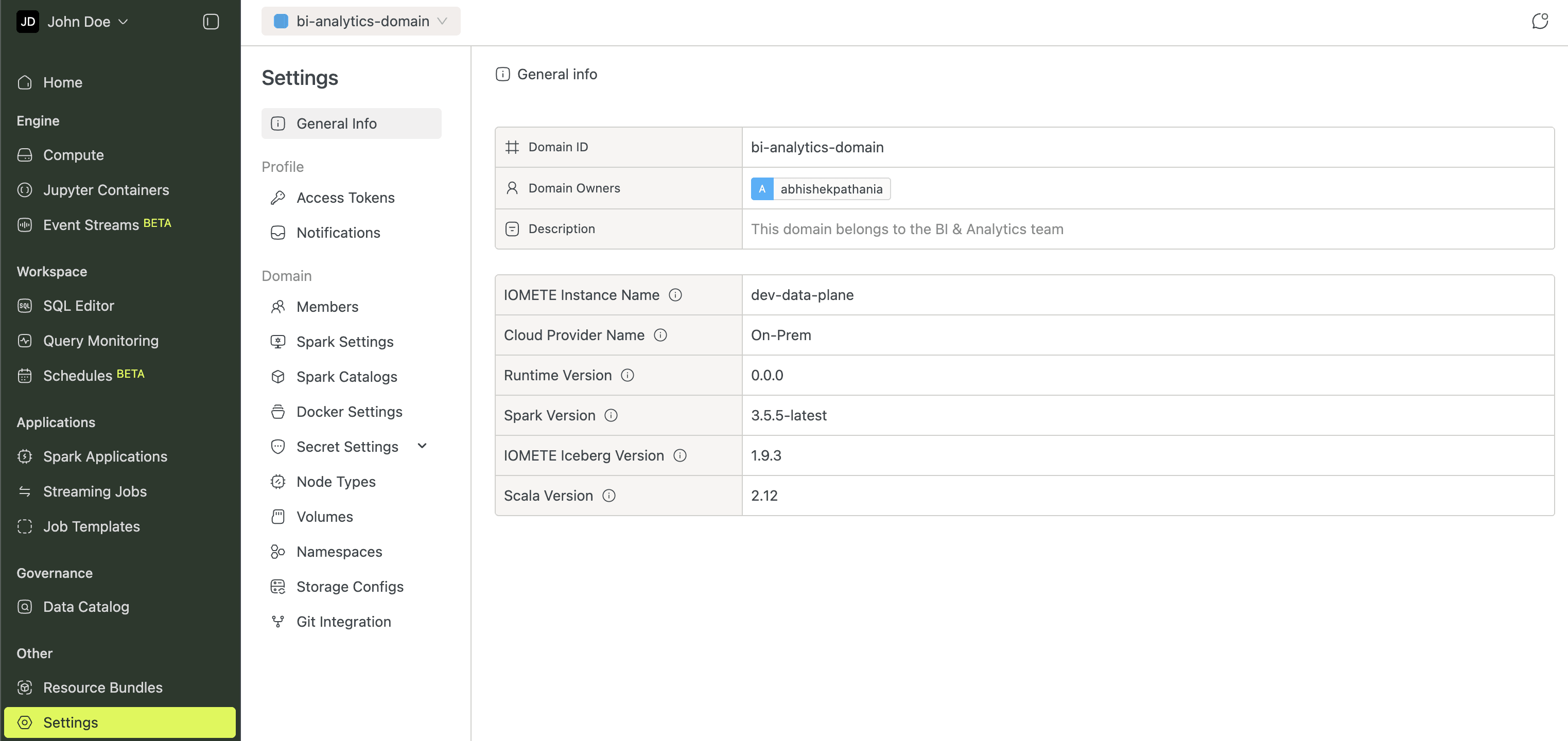 Settings page | IOMETE