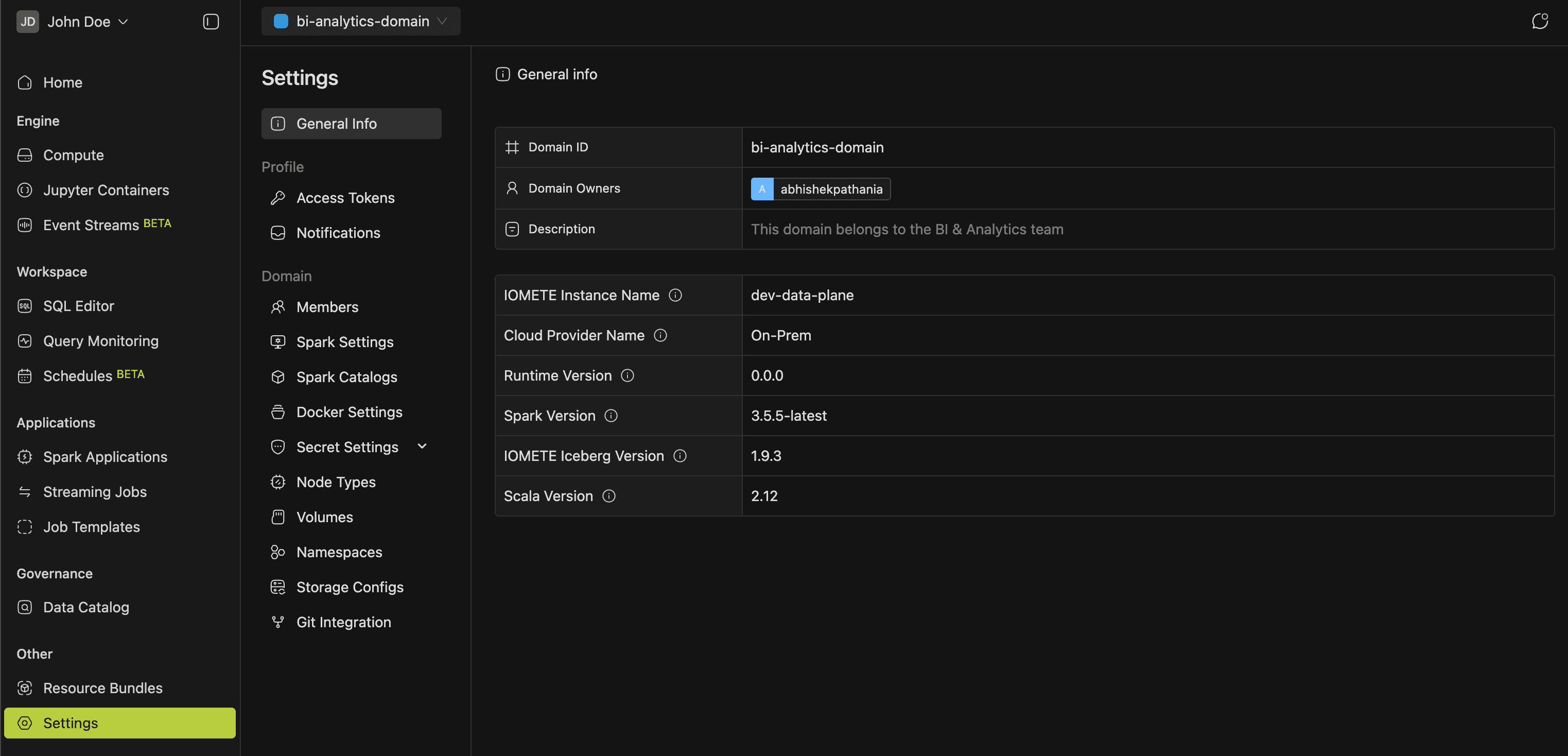 Settings page | IOMETE