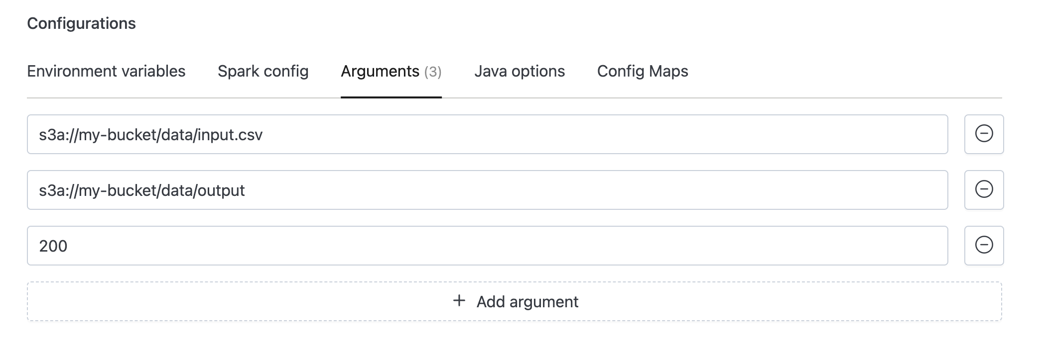 Arguments section with three positional values entered: an input path, output path, and partition count | IOMETE