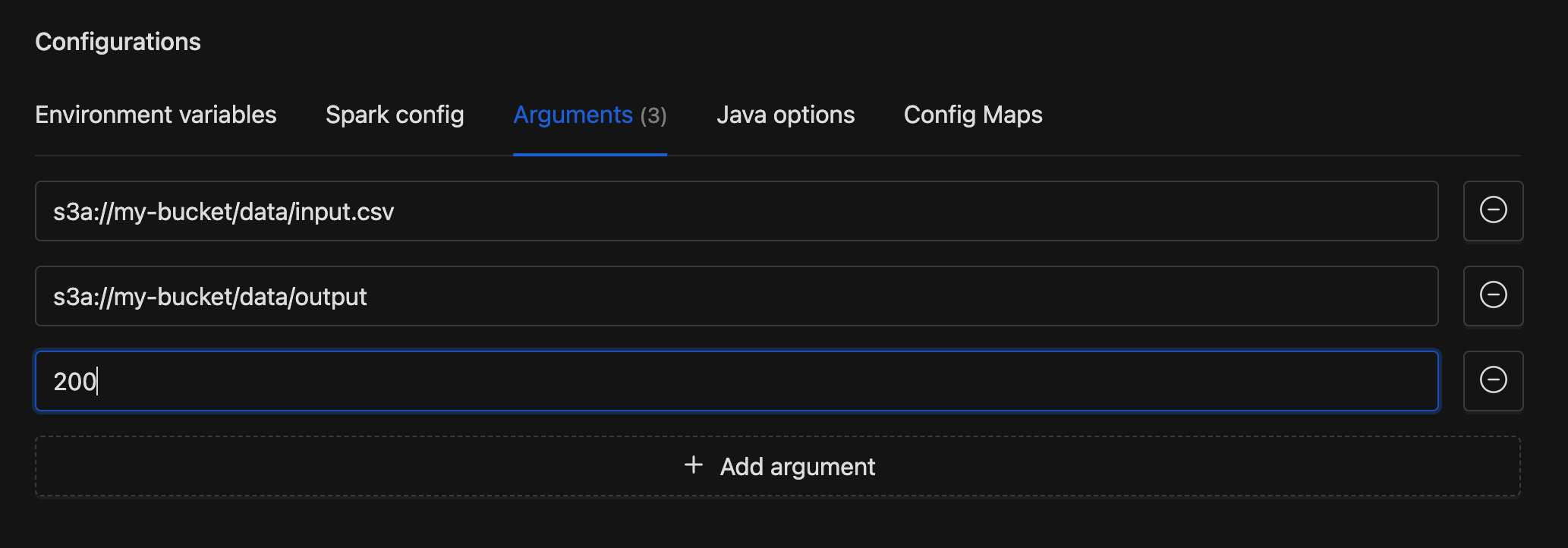 Arguments section with three positional values entered: an input path, output path, and partition count | IOMETE