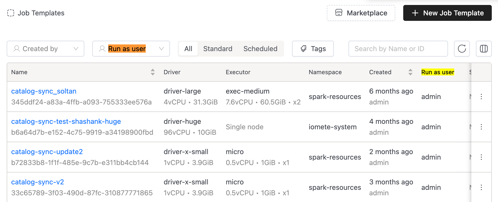 Job Templates | run as user | IOMETE
