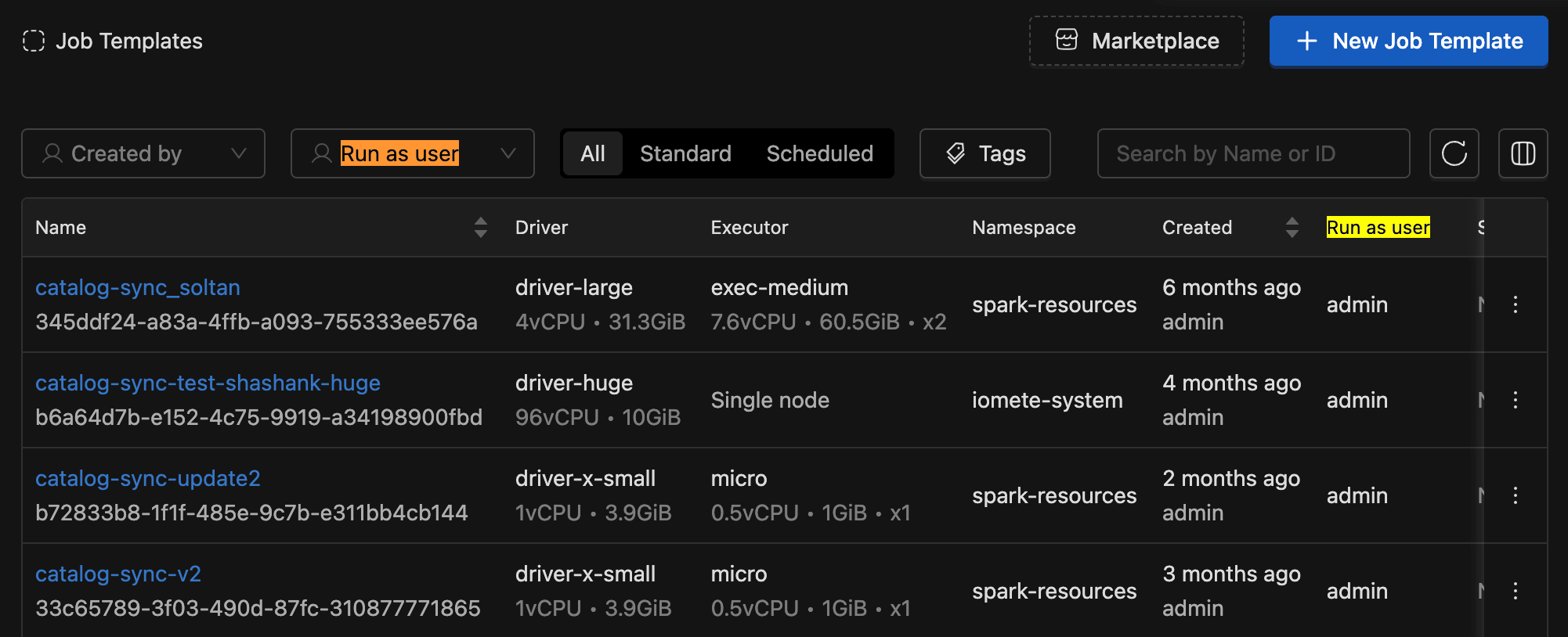 Job Templates | run as user | IOMETE