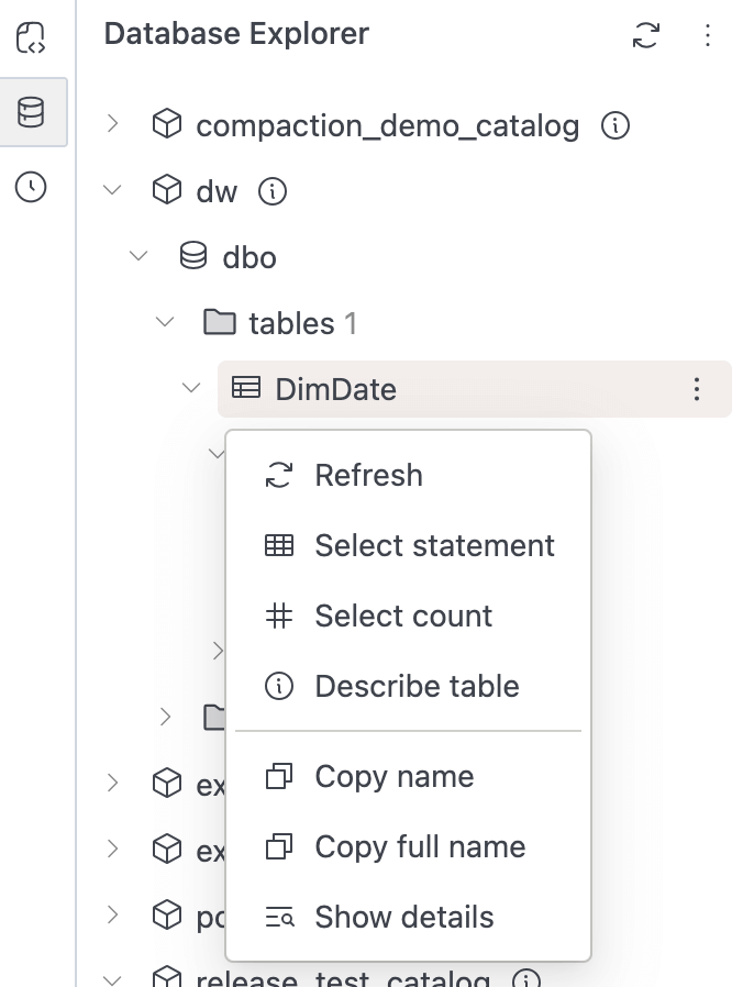SQL editor | database explorer menu | IOMETE
