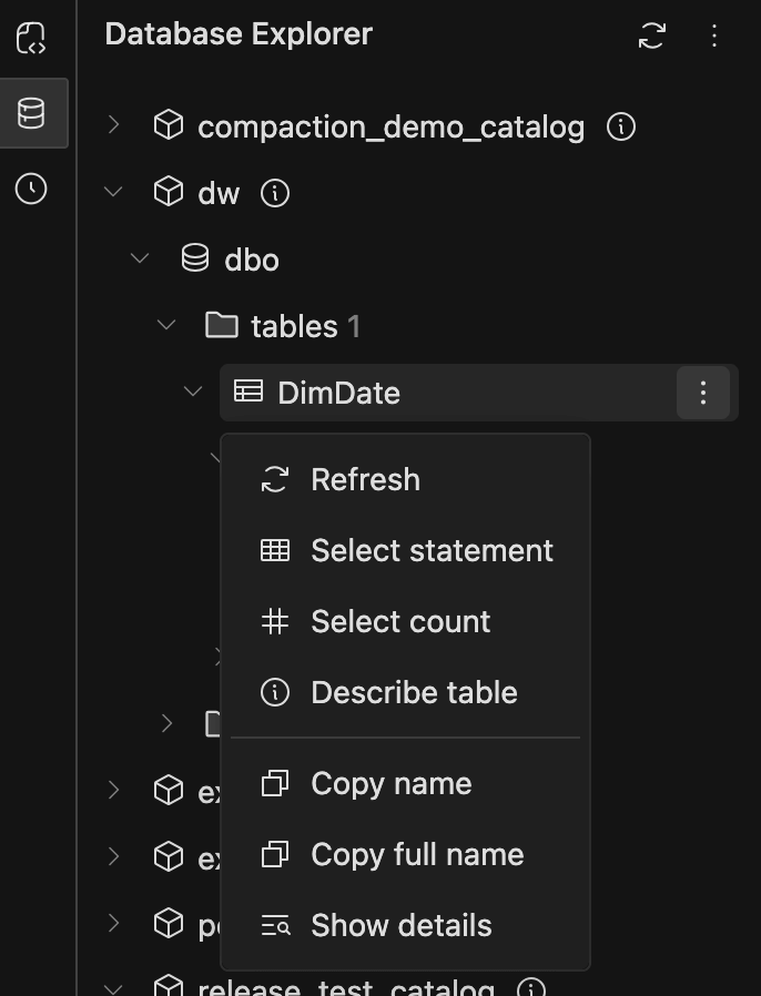 SQL editor | database explorer menu | IOMETE