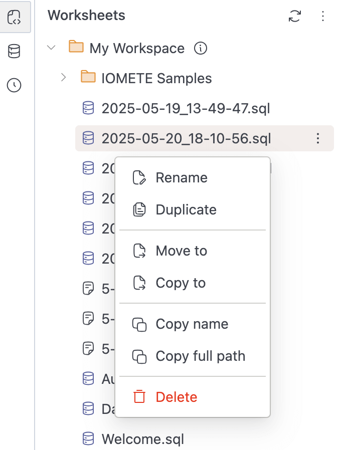 SQL editor | workspace menu | IOMETE