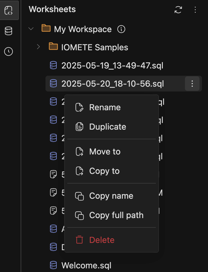 SQL editor | workspace menu | IOMETE