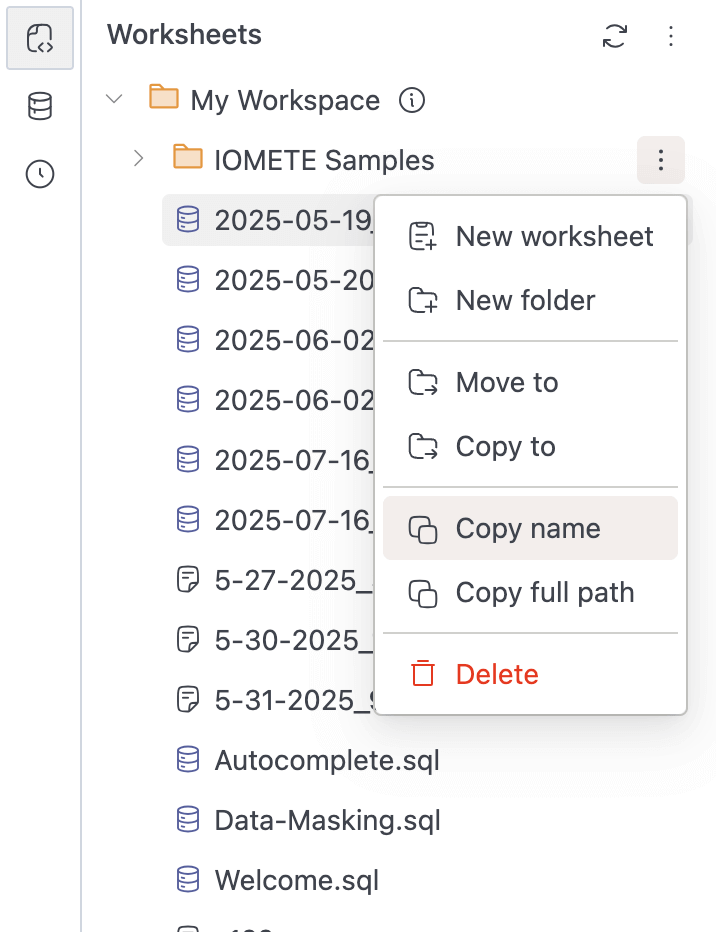 SQL editor | workspace copy name | IOMETE