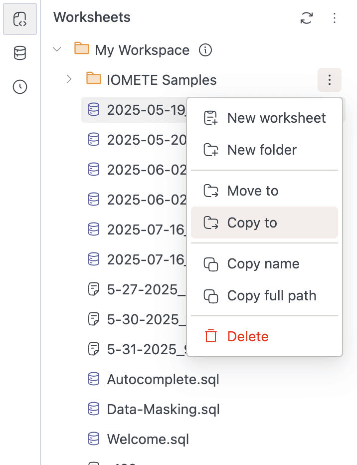 SQL editor | workspace copy to | IOMETE