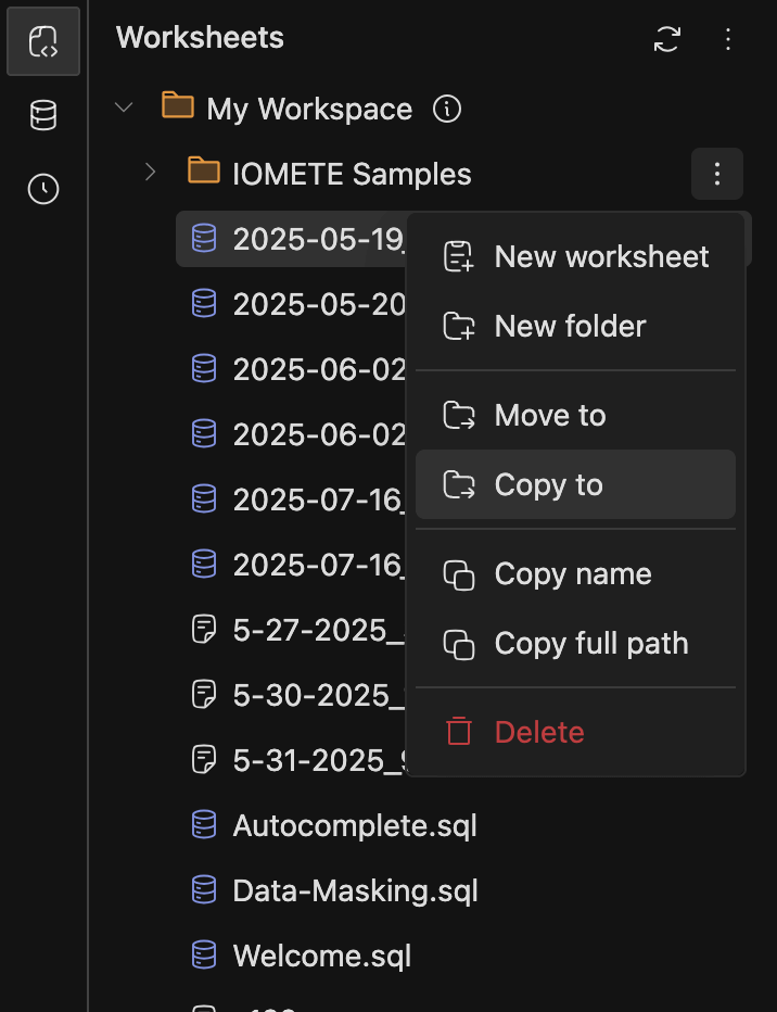 SQL editor | workspace copy to | IOMETE