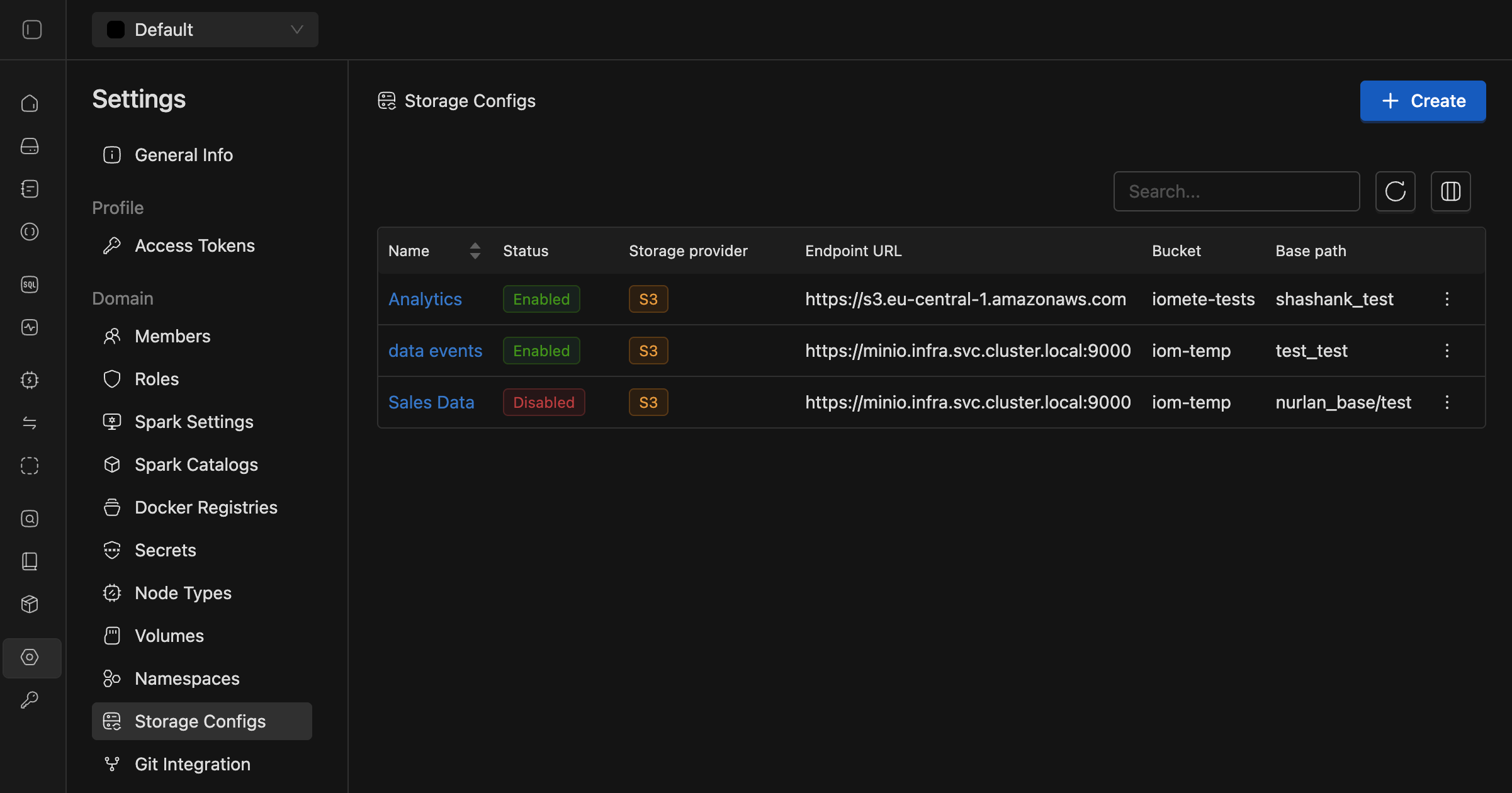 Storage Configs List | IOMETE