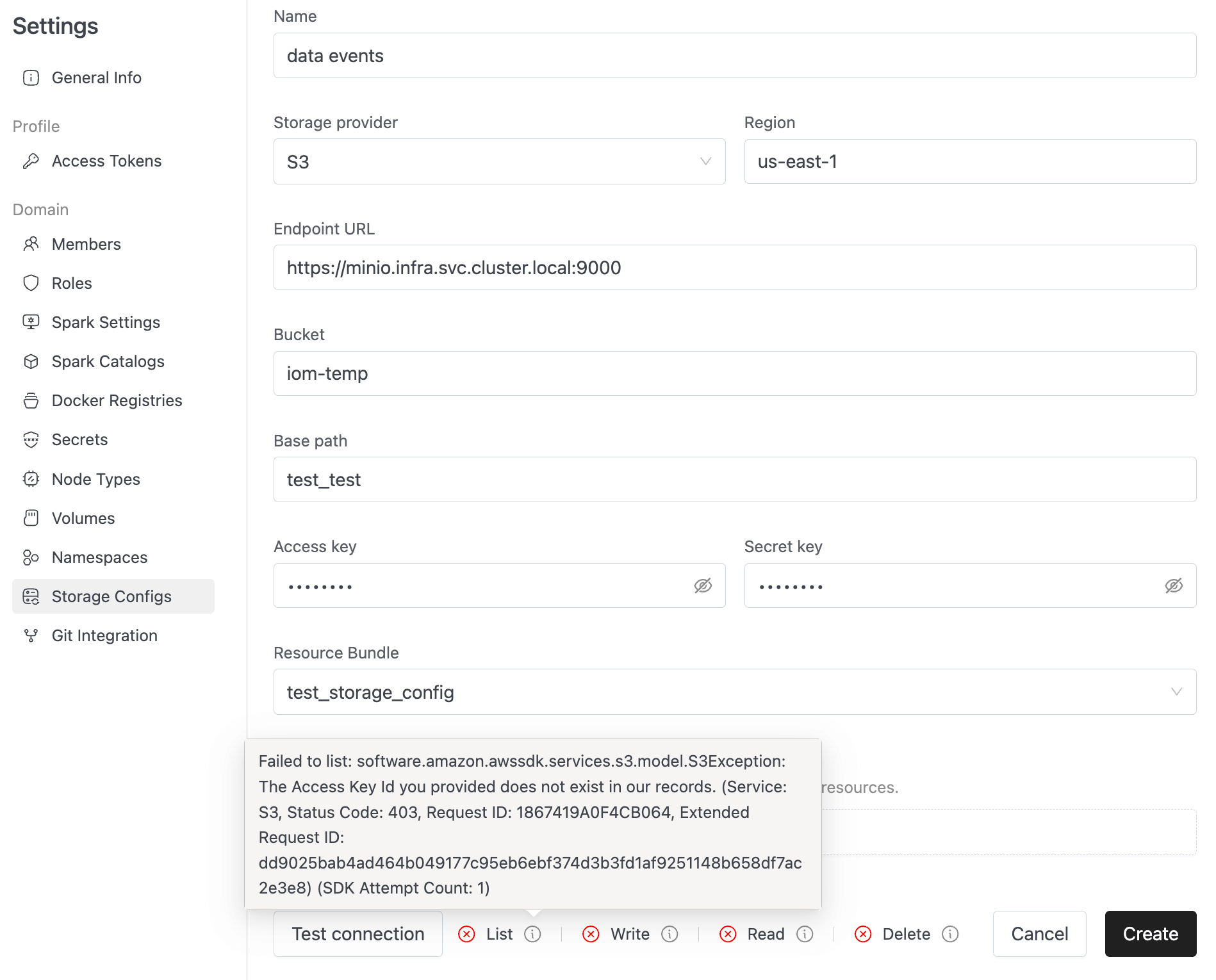 Storage Config Test Failure | IOMETE